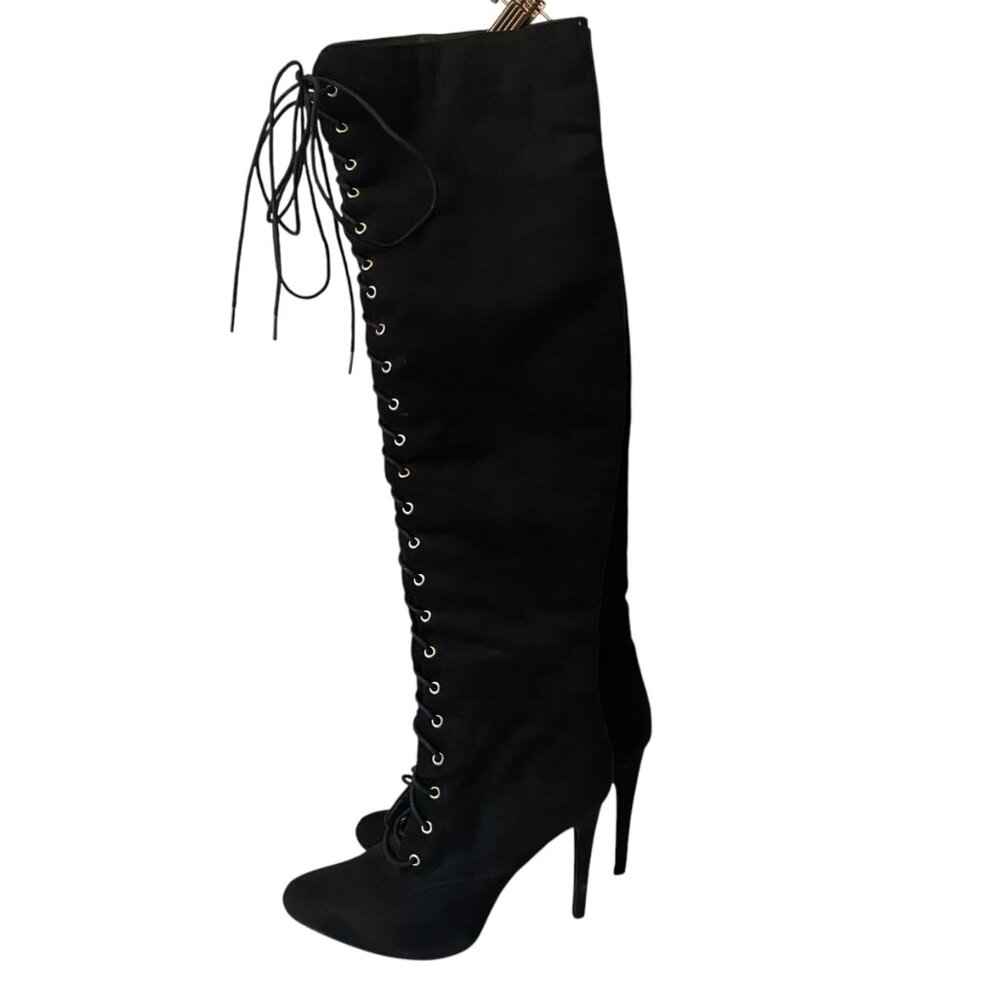 JustFab Kinsey Thigh High Stiletto Black Suede Lace-Up Boots Goth Witchy Size 10